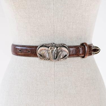 Vintage 90s Brighton Brown Leather Belt w/ Silver Elephant Head Buckle | 29.5" - 33.5" Waist | Bohemian, Western | 1996 Leather Belt 