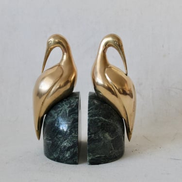 Decorative Pair of Brass Egret on Solid Deep Green Marble Bookends Vintage 