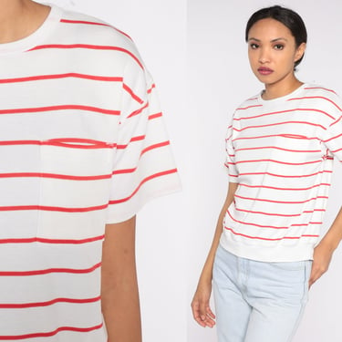 80s Striped Shirt White Red Short Sleeve Shirt Retro Crewneck Pocket Top Banded Hem Basic Normcore Simple Tee Vintage 1980s Medium Large 