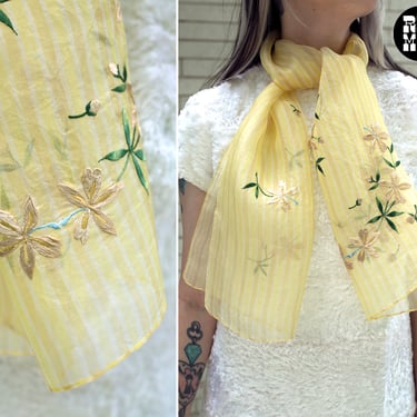 Ethereal Vintage 50s 60s Pale Yellow Sheer Long Scarf with Floral Embroidery 