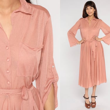 Shimmery Pink Dress 70s Semi-Sheer Midi Dress Retro Boho High Waisted Long Sleeve Romantic Summer Secretary Draped Vintage 1970s Medium M 