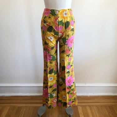 Yellow and Bright Pink Floral Print Flared Pants - 1970s 
