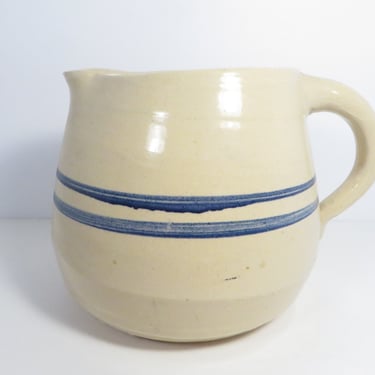 Vintage Stoneware Pottery Cream and Blue Stripe Milk Pitcher 