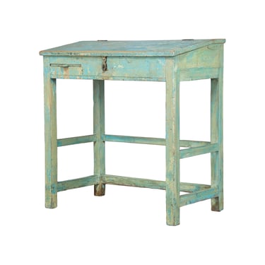 Late 19th Century Country French Provincial Painted Green Farmhouse Walnut Writing Desk W/ Slant Top 