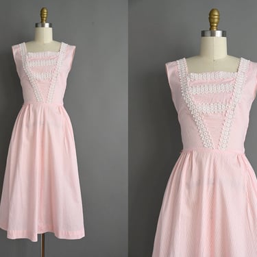 vintage 1950s Dress | Pink Pinstripe Cotton Shirtwaist Dress | Small 