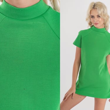 70s Mod Shirt Mock Neck Top Bright Green Space Age Blouse 1970s Plain Wool Blend Vintage Short Raglan Sleeve Top Seventies Extra Small xs 