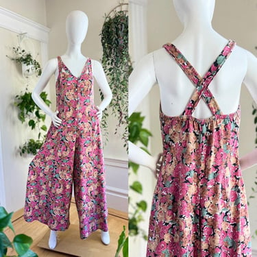 Vintage 1990s Jumpsuit | 90s Floral Print Cotton Strappy Wide Leg Palazzo Romper | small/medium/large 