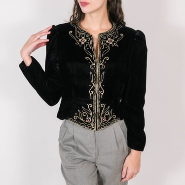 Vintage 80s Partique New York Black Velvet Cropped Jacket w/ Metallic Embroidery & Gemstones | Made in USA | 1980s Designer Disco Glam Coat 