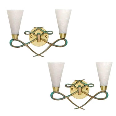 Bronze Sconce with Alabaster Shades in a Jules Leleu Style, Pair 