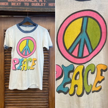 Vintage 1970’s Woodstock Peace Hippie Neon Colors Ringer Original Cotton T-Shirt, 70’s Tee Shirt, Vintage Clothing 