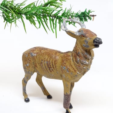 Antique German Metal Reindeer (AS IS) Hand Painted, Toy Lead Deer for Christmas Putz or Nativity Creche 