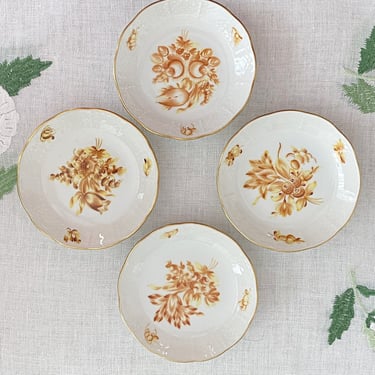 4 Ceramic coasters, Herend porcelain coasters, Hand painted yellow floral china pin dishes, Bridesmaid gifts 