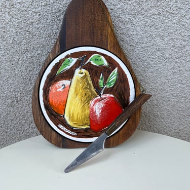 Vintage cutting board Apple fruit theme shape tile wood with knife by Fred Press 