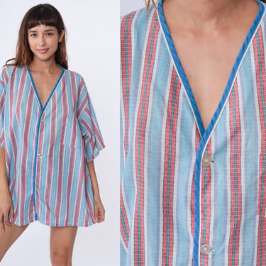 70s Pajama Shirt Blue Striped Button Up Sleep Shirt Short Sleeve PJ Shirt Lounge Sleepwear Vintage 1970s Men's Big and Tall Extra Large xl 
