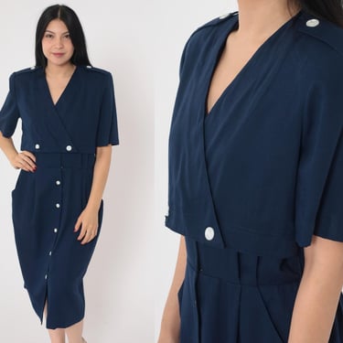 Vintage Navy Blue Shirt Dress 80s 90s Military Inspired Epaulette Button Up Dress Midi Shirtdress High Waist Short Sleeve Petite Medium 