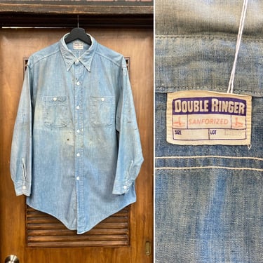Vintage 1940’s Double Ringer Label Chambray Work Sanforized Shirt, 40’s Workwear, 40’s Work Shirt, Vintage Clothing 