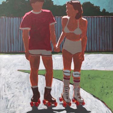 Roller Skaters - Original Acrylic Painting on Canvas 36 x 48, water, green, float, summer, michael van, tube, friends, stripes 