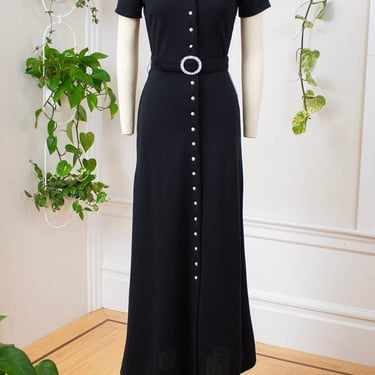 Vintage 1970s Sweater Dress | 70s Black Knit Rhinestone Button Up Maxi Dress | x-small/small 