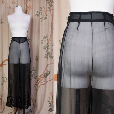 1930s Lingerie  -  Vintage 30s Luxury Ultra Sheer Silk Chiffon Cropped Lounge Pants with Lace Hems 