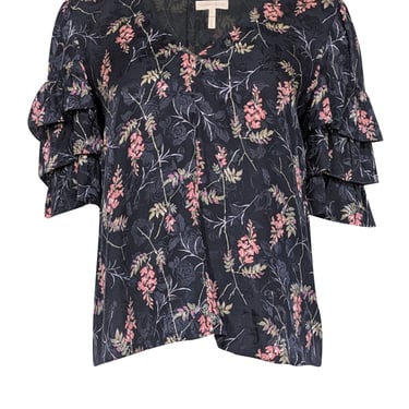 Rebecca Taylor - Navy & Multi Color Floral Print Blouse Sz 8