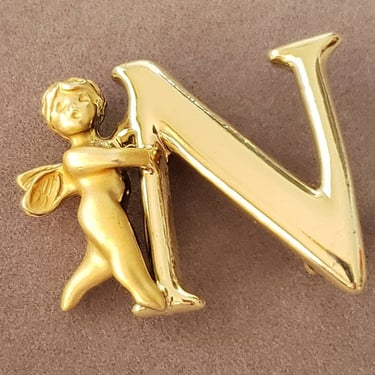 Vintage goldtone L Razza jewelry brooch pin Letter N with Angel 