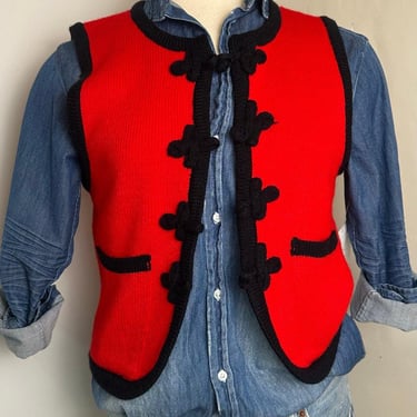 Vintage Red Vest | Handcrafted Knit Vest | Women's Small Black Trim Accents Pockets |  Denim Vest | Quilted Vest | 70s Vest | Gifts For Her 