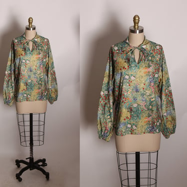 1970s Green Grass Multi-Colored Floral Flower Long Sleeve Keyhole Neck Tie Blouse -L 