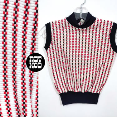 Kid Size - Vintage 60s 70s White Red Black Patterned Vest Top 