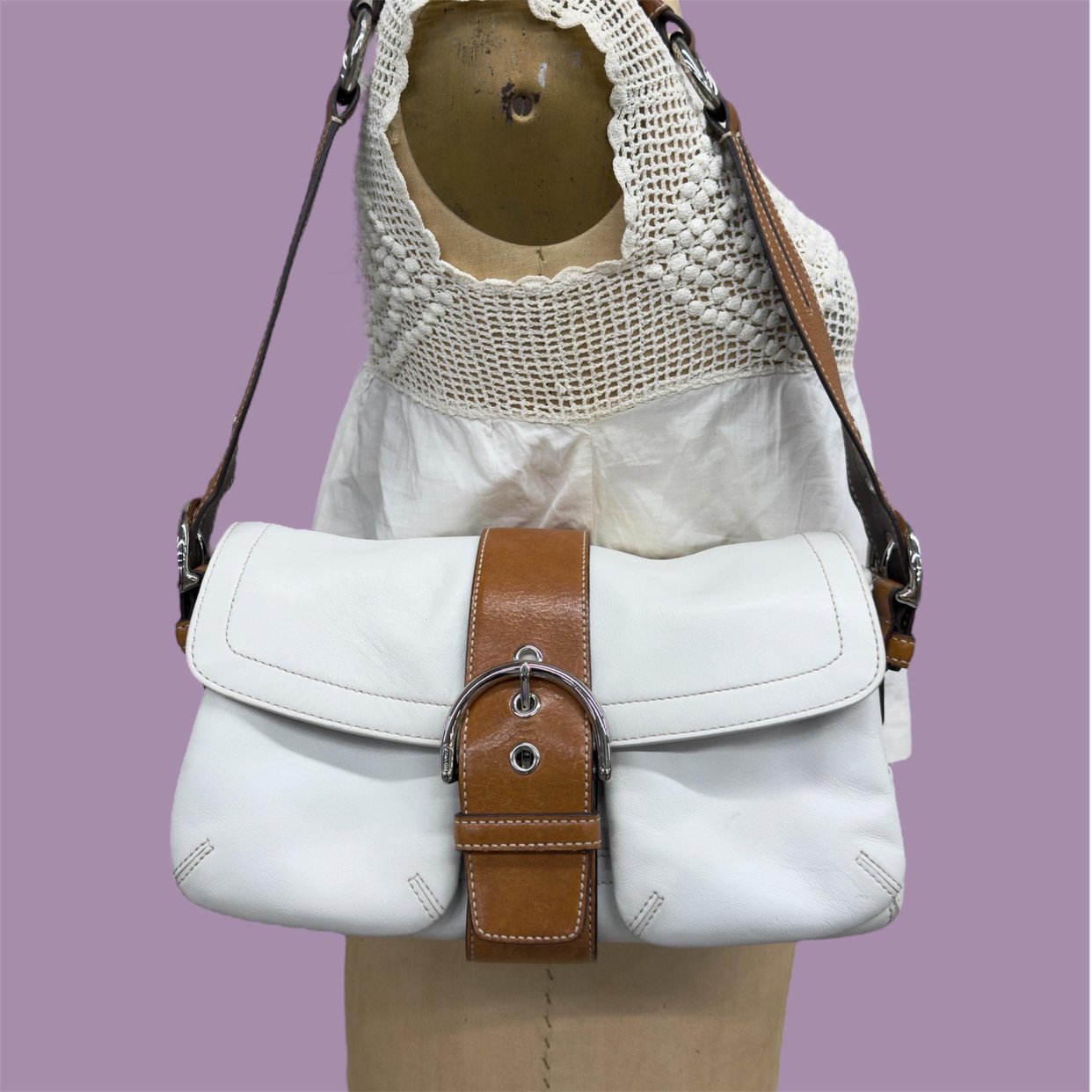 y2k 2000s Coach Soho white leather shoulder bag / Handbag ౨ৎ ⊹ ‧₊˚ Vintage Coach Soho Shoulder Bag & Wallet Set – Cream  main image 4
