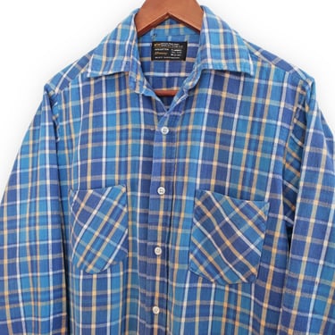 vintage plaid shirt / 70s button up / 1970s JCPenney blue plaid cotton long sleeve button up flannel Medium 