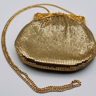 70's Whiting & Davis gold mesh evening purse w shoulder chain, disco fabulous ornate metal bling bag 