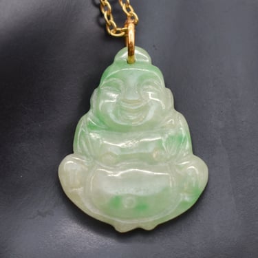 70's light green jade happy Buddha double sided pendant, carved jadeite laughing Buddha 12k GF rolo chain mystic hippie necklace 