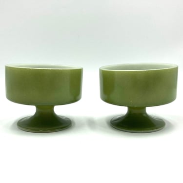 Federal Glass Green Dessert Pudding Cups, Dishes, Vintage Verde Green, Avocado Olive Green, Retro Footed Sherbert Custard Dish, Milk Glass 