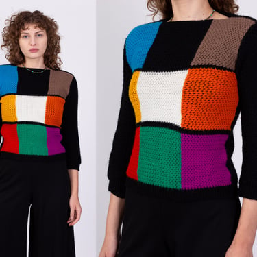 70s Color Block Knit Sweater - Petite Small to Medium | Vintage Black Colorful Grid Cropped Pullover 