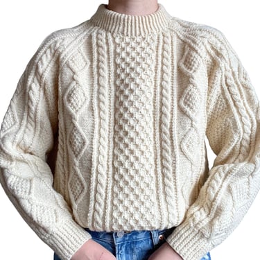 Vintage 80s Womens Hand Knit 100% Wool Chunky Fisherman Crewneck Sweater Sz M 