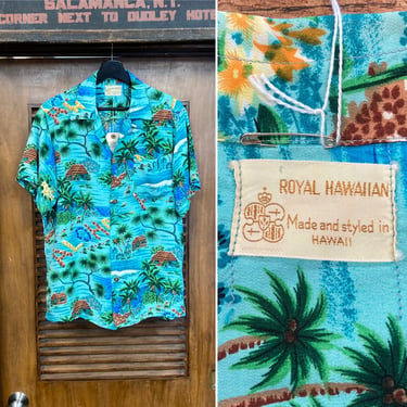 Vintage 1950’s “Royal Hawaiian” Hula Girl Aloha Palm Tree Floral Crepe Hawaiian Shirt, 50’s Loop Collar, Vintage Clothing 