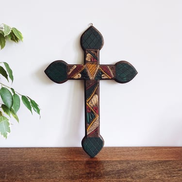 Vintage Mexican Wooden Painted Cross Wall Hanging 