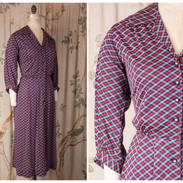 1950s Dress - Vintage 50s Classic Day Dress in Tartan Printed Nylon Jersey Cut on the Bias 