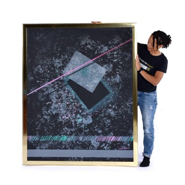 Dana 1980s Large Black Pink and Blue Geometric Memphis Style Painting 