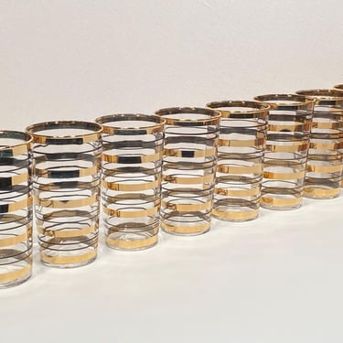 Set of Eight 1950's Gold & Black Stripe Glasses 