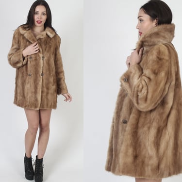 Womens Fur Back Collar Mink Coat / Vintage 70s Autumn Haze Jacket / Double Breasted Real Princess Overcoat 