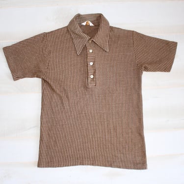 Vintage 70s Ribbed Shirt, 1970s Striped Shirt, Collared, Knit, Brown, Short Sleeve, Polo, Minimalist 