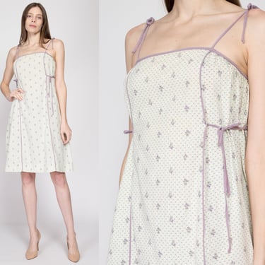 XS-Sm 70s Boho Calico Floral Sundress | Vintage White Spaghetti Strap Knee Length Mini Dress 