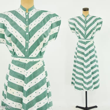 1950s Green White Chevron Day Dress | 50s Green & White Cotton Dress | Medium 