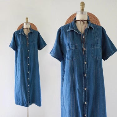 denim shirtdress - vintage 90s y2k blue jean jeans womens short sleeve long maxi minimal casual cotton dress 