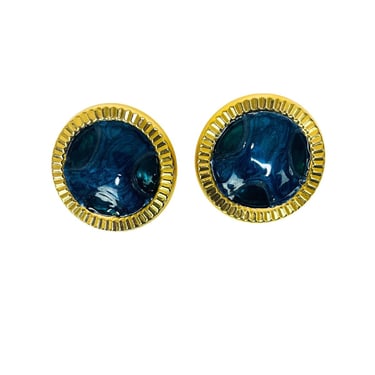 Vintage 1980s Blue Green and Gold Large Circle Earrings 