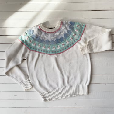 cute cottagecore sweater 80s 90s vintage Eddie Bauer Fair Isle white ducks scenic sweater 