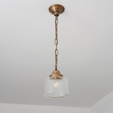 Schoolhouse Lighting - Drum Pendant - Clear Hand Blown Glass Fixture - Chain Hung 