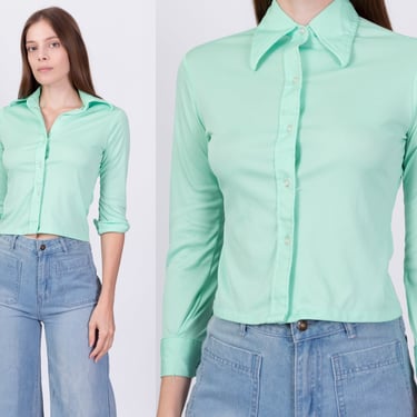 70s Mint Green Cropped Button Up Top - Petite XXS | Vintage Collared Long Sleeve Disco Blouse 