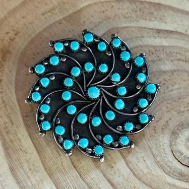 ZUNI MEDALLION Turquoise Flower Cluster Sterling Silver Brooch | Mid Century Vintage | Native American Zuni Made Pin Jewelry, Southwestern 